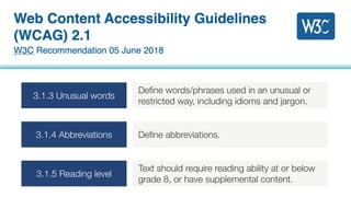 3.1.3 Unusual words
Define words/phrases used in an unusual or
restricted way, including idioms and jargon.
3.1.4 Abbreviations Define abbreviations.
3.1.5 Reading level
Text should require reading ability at or below
grade 8, or have supplemental content.
 