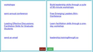 workshops
semi-annual conference
Leading Eﬀective Discussions:
Facilitation Skills for Graduate
Students
send an email
Build leadership skills through a suite
of 90-minute workshops
Free Emerging Leaders Mini-
Conference
Learn facilitation skills through a one-
day workshop
leadership.training@mcgill.ca
before after
 