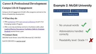 • No unusual words
• Abbreviations handled
correctly
• Readability level: Grade 11
3.1.3 Unusual words
3.1.5 Reading level
3.1.4 Abbreviations
Example 2: McGill University
 