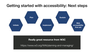 Getting started with accessibility: Next steps
Web
accessibility
first aid
Sustain
Implement
Plan
Initiate
Really great resource from W3C
https://www.w3.org/WAI/planning-and-managing/
 