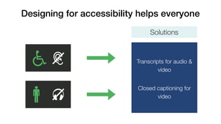 Designing for accessibility helps everyone
Solutions
Transcripts for audio &
video
Closed captioning for
video
 