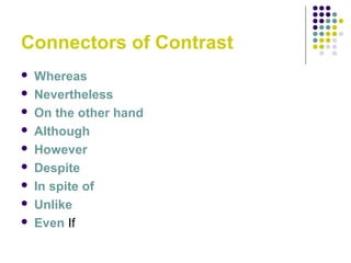 Connectors of Contrast
 Whereas
 Nevertheless
 On the other hand
 Although
 However
 Despite
 In spite of
 Unlike
 Even If
 