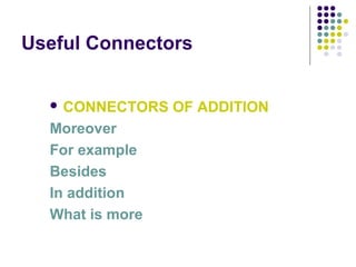 Useful Connectors
 CONNECTORS OF ADDITION
Moreover
For example
Besides
In addition
What is more
 