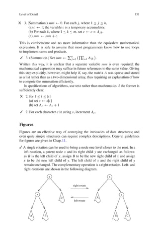 Level of Detail 151
3. (Summation.) sum ← 0. For each j, where 1 ≤ j ≤ n,
(a) c ← 1; the variable c is a temporary accumulator.
(b) For each k, where 1 ≤ k ≤ m, set c ← c × Ajk.
(c) sum ← sum + c.
This is cumbersome and no more informative than the equivalent mathematical
expression. It is safe to assume that most programmers know how to use loops
to implement sums and products.
3. (Summation.) Set sum ← n
j=1
n
k=1 Ajk .
Written this way, it is unclear that a separate variable sum is even required: the
mathematical expression may sufﬁce in future references to the same value. Giving
this step explicitly, however, might help if, say, the matrix A was sparse and stored
as a list rather than as a two-dimensional array, thus requiring an explanation of how
to compute the summation efﬁciently.
In speciﬁcations of algorithms, use text rather than mathematics if the former is
sufﬁciently clear.
2. for 1 ≤ i ≤ |s|
(a) set c ← s[i]
(b) set Ac ← Ac + 1
2. For each character c in string s, increment Ac.
Figures
Figures are an effective way of conveying the intricacies of data structures; and
even quite simple structures can require complex descriptions. General guidelines
for ﬁgures are given in Chap.11.
A single rotation can be used to bring a node one level closer to the root. In a
left-rotation, a parent node x and its right child y are exchanged as follows:
as B is the left child of y, assign B to be the new right child of x and assign
x to be the new left child of y. The left child of x and the right child of y
remain unchanged. The complementary operation is a right-rotation. Left- and
right-rotations are shown in the following diagram.
left rotate
right rotate
y
y
BA
x
C A
B
x
C
 