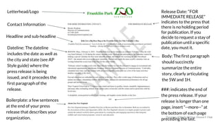 Letterhead/Logo
Contact Information
Release Date: “FOR
IMMEDIATE RELEASE”
indicates to the press that
there is no holding period
for publication. If you
decide to request a stay of
publication until a specific
date, you must it.
Headline and sub-headline
Dateline: The dateline
includes the date as well as
the city and state (see AP
Style guide) where the
press release is being
issued, and it precedes the
first paragraph of the
release.
Body: The first paragraph
should succinctly
summarize the entire
story, clearly articulating
the 5W and 1H.
Boilerplate: a few sentences
at the end of your press
release that describes your
organization.
###: indicates the end of
the press release. If your
release is longer than one
page, insert “--more--” at
the bottom of each page
preceding the last.
Dynamics of Media Writing, Vincent F. Filak
 