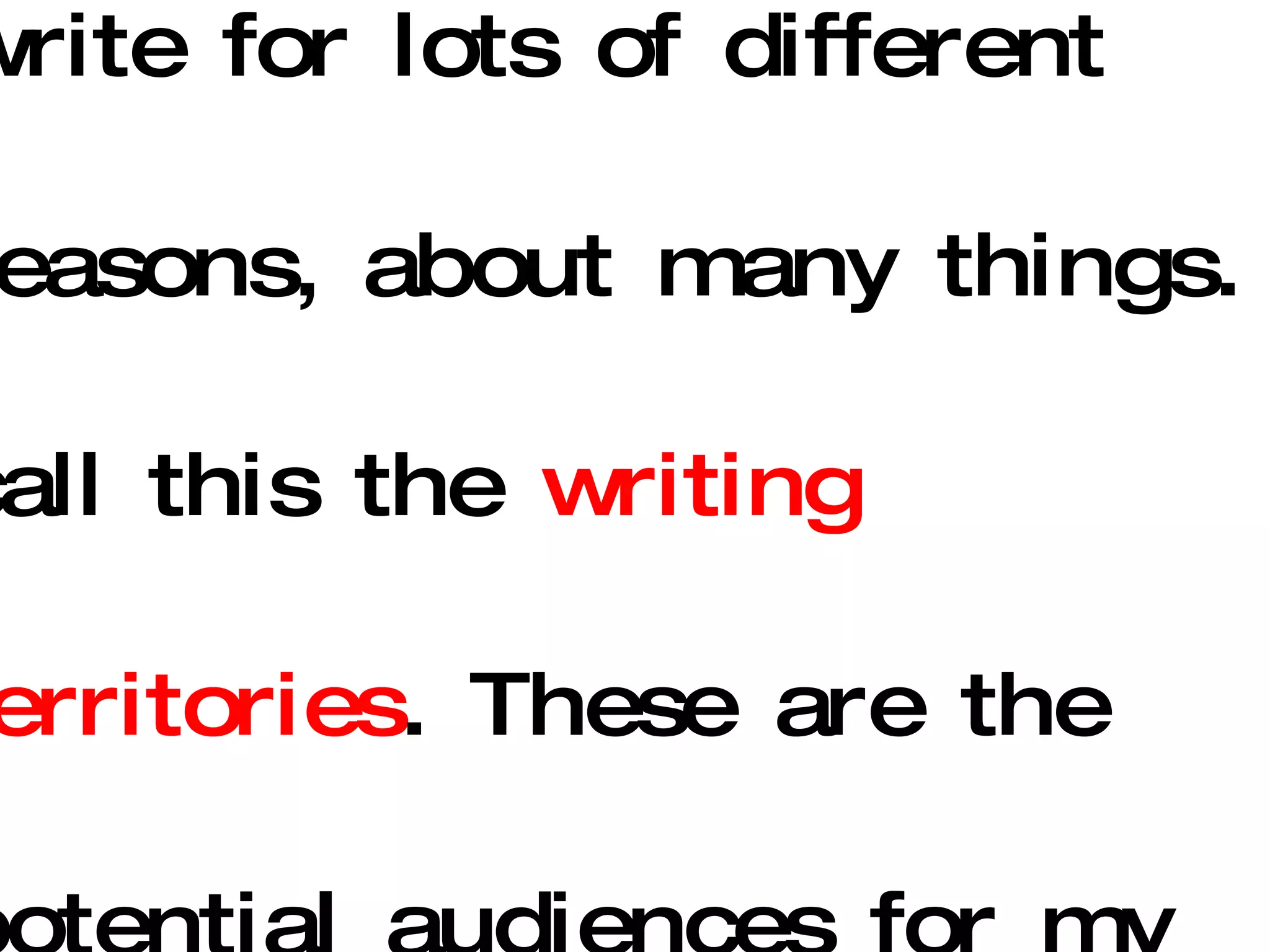 The  most important  thing you need to know about me is that I write. I am a  writer ! I write for lots of different reasons, about many things. I call this the  writing territories . These are the potential audiences for my writing. But the  writing   territory  is more than the idea bank. 