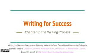 Writing for Success
Chapter 8: The Writing Process
Writing for Success Companion Slides by Melanie Jeffrey, Cerro Coso Community College is
licensed under a Creative Commons Attribution-NonCommercial 4.0 International License.
Based on a work at http://open.lib.umn.edu/writingforsuccess/.
 