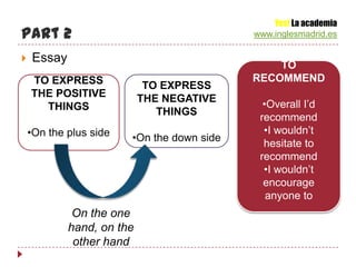 Yes! La academia
Part 2                                      www.inglesmadrid.es

   Essay
                                                TO
    TO EXPRESS                              RECOMMEND
                            TO EXPRESS
    THE POSITIVE           THE NEGATIVE
      THINGS                                  •Overall I’d
                              THINGS
                                             recommend
    •On the plus side                         •I wouldn’t
                        •On the down side
                                              hesitate to
                                             recommend
                                              •I wouldn’t
                                              encourage
                                               anyone to
             On the one
            hand, on the
             other hand
 