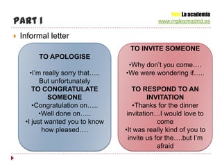 Yes! La academia
Part 1                                         www.inglesmadrid.es

   Informal letter
                                    TO INVITE SOMEONE
         TO APOLOGISE
                                    •Why don’t you come….
       •I’m really sorry that…..   •We were wondering if…..
           But unfortunately
        TO CONGRATULATE                TO RESPOND TO AN
              SOMEONE                       INVITATION
        •Congratulation on…..          •Thanks for the dinner
           •Well done on…..         invitation…I would love to
     •I just wanted you to know                 come
            how pleased….          •It was really kind of you to
                                     invite us for the….but I’m
                                                afraid
 
