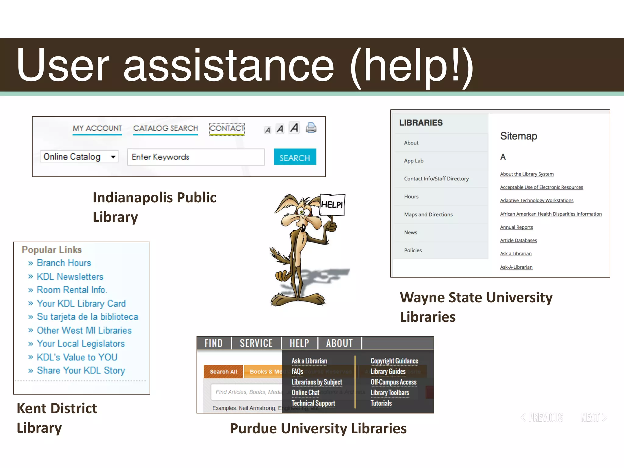User assistance (help!)
Kent	District	
Library
Wayne	State	University	
Libraries
Purdue	University	Libraries
Indianapolis	Public	
Library
 