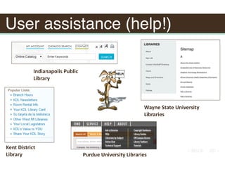 User assistance (help!)
Kent	District	
Library
Wayne	State	University	
Libraries
Purdue	University	Libraries
Indianapolis	Public	
Library
 