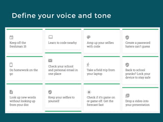 Define your voice and tone
Reassuring, but not paternalistic.
Inspiring, but not cheerlead-y.
Fun, but not cheeky.
Academic, but not highbrow.
 