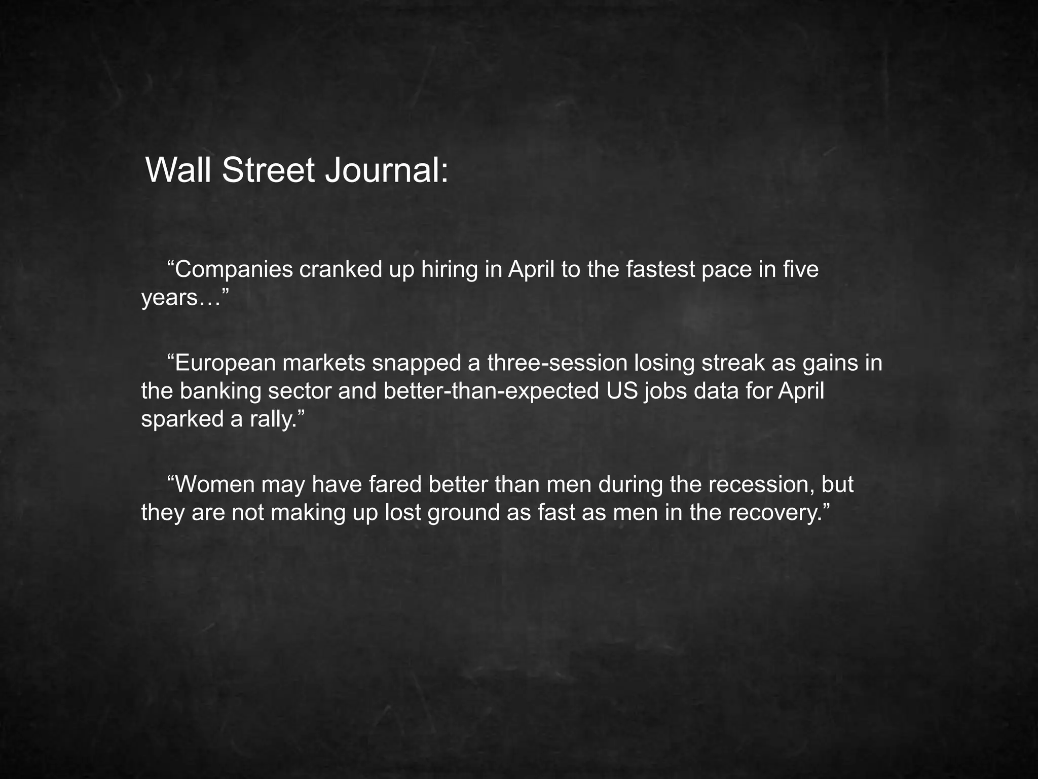 Wall Street Journal: 
“Companies cranked up hiring in April to the fastest pace in five 
years…” 
“European markets snapped a three-session losing streak as gains in 
the banking sector and better-than-expected US jobs data for April 
sparked a rally.” 
“Women may have fared better than men during the recession, but 
they are not making up lost ground as fast as men in the recovery.” 
 