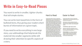 Write in Easy-to-Read Pieces
You want to write in smaller, tighter chunks
that tell simple stories.
You can write text-based lists in the form of
bulleted items, thus giving your readers short
bursts of information on a given topic.
If you need to write everything in one large
story, use subheadings that help break the
material into smaller segments while still
drawing their attention to specific aspects of
a story.
Dynamics of Media Writing, Vincent F. Filak
 