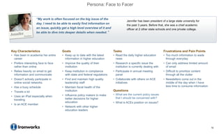 Persona: Face to Facer


                    “My work is often focused on the big issue of the
                                                                                        Jennifer has been president of a large state university for
                    day. I need to be able to easily find information on
                                                                                        the past 3 years. Before that, she was a chief academic
                    an issue, quickly get a high level overview of it and               officer at 2 other state schools and one private college.
                    be able to dive into deeper details when needed.”




Key Characteristics                   Goals                                  Tasks                                     Frustrations and Pain Points
• Has been in academia her entire     • Keep up to date with the latest      • Read the daily higher education         • Too much information to wade
  career                                information in higher education        news                                      through everyday
• Prefers interacting face to face    • Improve the quality of their         • Research a specific issue the           • Can only address limited amount
  rather than online                    institution                            institution is currently dealing with     of email
• Relies heavily on email to get      • Keep institution in compliance       • Participate in annual meeting           • Difficult to prioritize content
  information and communicate           with state and federal regulations     panel                                     through all the clutter
• Doesn't actively participate in     • Find and maintain high quality       • Collaborate with others on ACE          • Newsletters come out in the
  online social networks                leadership staff                       initiatives                               middle of the day when I have
• Has a busy schedule                 • Maintain fiscal health of the                                                    less time to consume information
• Travels a lot                         institution                          Questions
                                      • Influence policy makers to make      • What are the current policy issues
• Uses an iPad especially when
                                        better decisions for higher            that I should be concerned with?
  traveling
                                        education                            • What is ACEs position on issues?
• Is an ACE member
                                      • Network with other higher
                                        education leaders




                                                                                                                                                            10
 