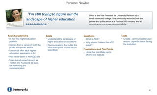 Persona: Newbie


                   “I’m still trying to figure out the                        Olivia is the Vice President for University Relations at a
                                                                              small community college. She previously worked in both the
                   landscape of higher education
                                                                              private and public sector at a Fortune 500 company and at
                   associations.”                                             several government agencies and NGOs.




Key Characteristics                 Goals                                Questions                              Tasks
• In her first higher education     • Understand the landscape of        • What is ACE?                         • Create a communication plan
  position                            higher education associations      • Why should I attend this ACE           around a specific issue facing
• Comes from a career in both the   • Communicate to the public the        event?                                 the institution
  public and private sector           institutions point of view on an
                                      issue/topic                        Frustrations and Pain Points
• Unsure of what each higher
  education association is for                                           • Links that don’t take her to
                                                                           where she expects
• Has never been to the ACE site
• Uses social networks such as
  Twitter and Facebook as tools
  for marketing and
  communication




                                                                                                                                            12
 
