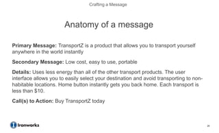Crafting a Message



                       Anatomy of a message

Primary Message: TransportZ is a product that allows you to transport yourself
anywhere in the world instantly
Secondary Message: Low cost, easy to use, portable
Details: Uses less energy than all of the other transport products. The user
interface allows you to easily select your destination and avoid transporting to non-
habitable locations. Home button instantly gets you back home. Each transport is
less than $10.
Call(s) to Action: Buy TransportZ today



                                                                                        20
 
