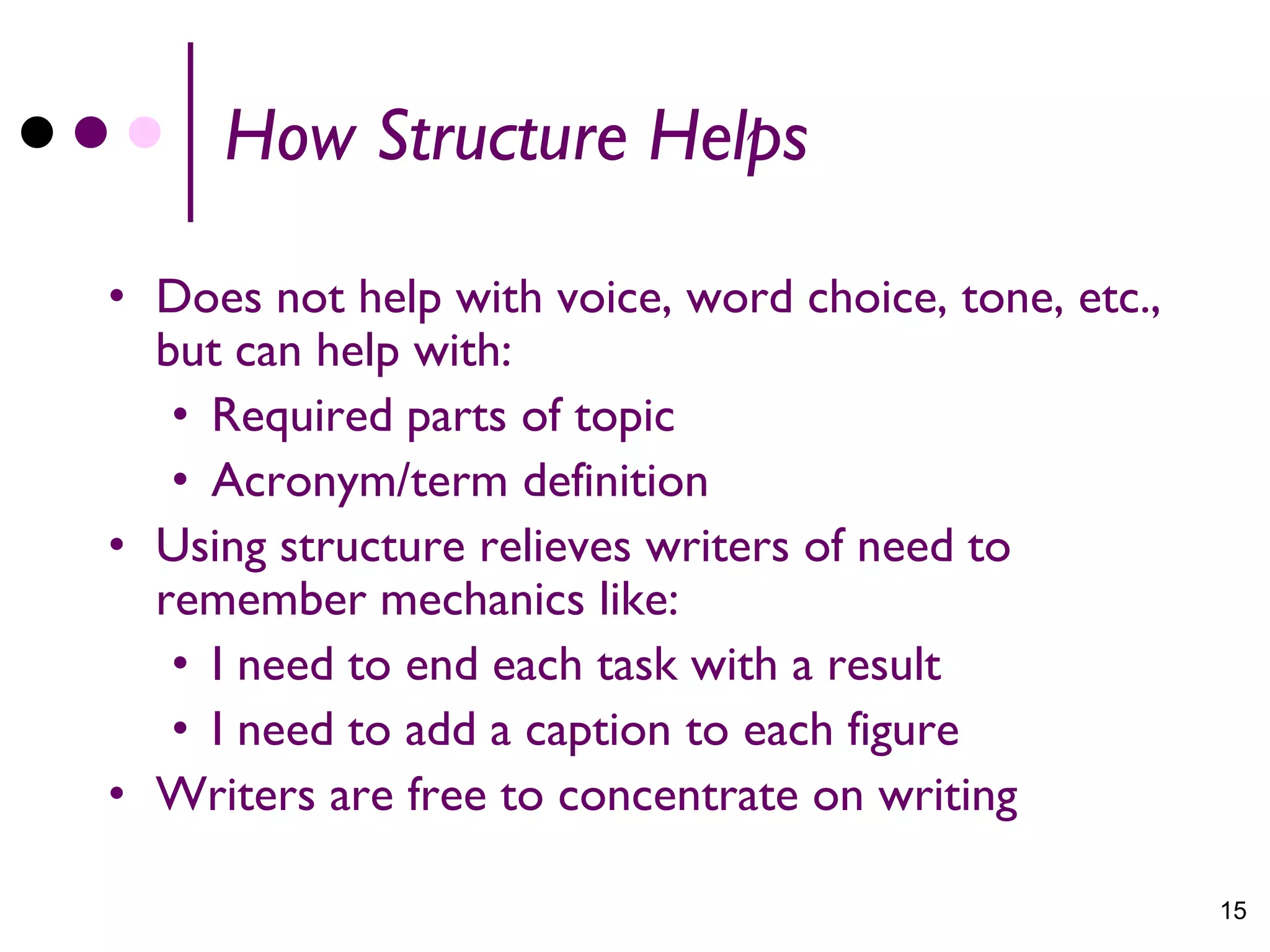 How Structure Helps

• Does not help with voice, word choice, tone, etc.,
  but can help with:
   • Required parts of topic
   • Acronym/term definition
• Using structure relieves writers of need to
  remember mechanics like:
   • I need to end each task with a result
   • I need to add a caption to each figure
• Writers are free to concentrate on writing

                                                       15
 