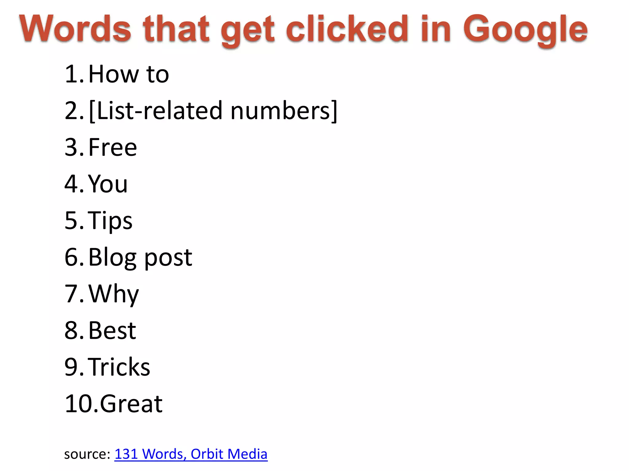 Words that get clicked in Google 
1.How to 
2.[List-related numbers] 
3.Free 
4.You 
5.Tips 
6.Blog post 
7.Why 
8.Best 
9.Tricks 
10.Great 
source: 131 Words, Orbit Media 
 
