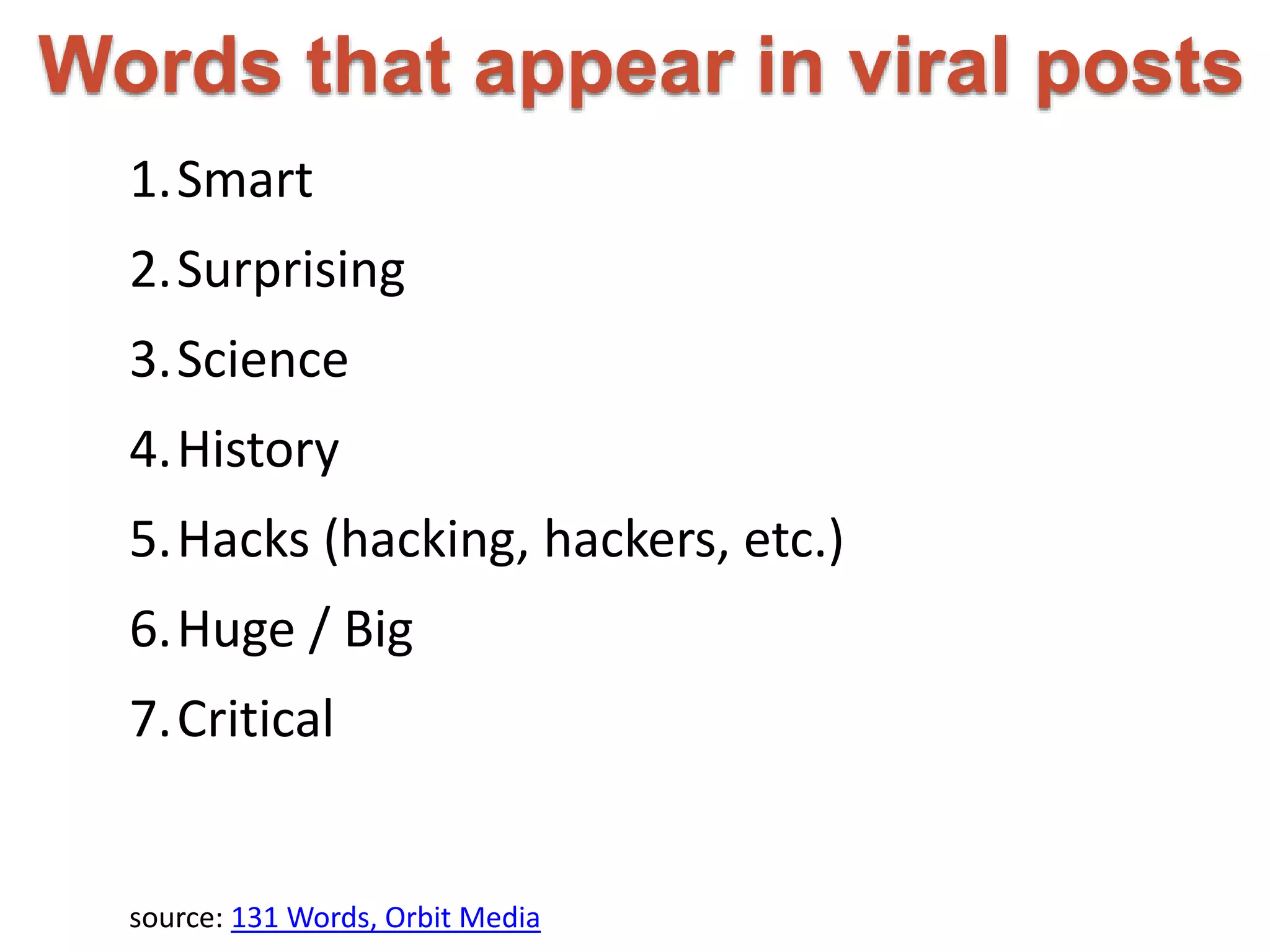 Words that appear in viral posts 
1.Smart 
2.Surprising 
3.Science 
4.History 
5.Hacks (hacking, hackers, etc.) 
6.Huge / Big 
7.Critical 
source: 131 Words, Orbit Media 
 