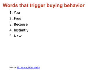 Words that trigger buying behavior 
1. You 
2. Free 
3. Because 
4. Instantly 
5. New 
source: 131 Words, Orbit Media 
 