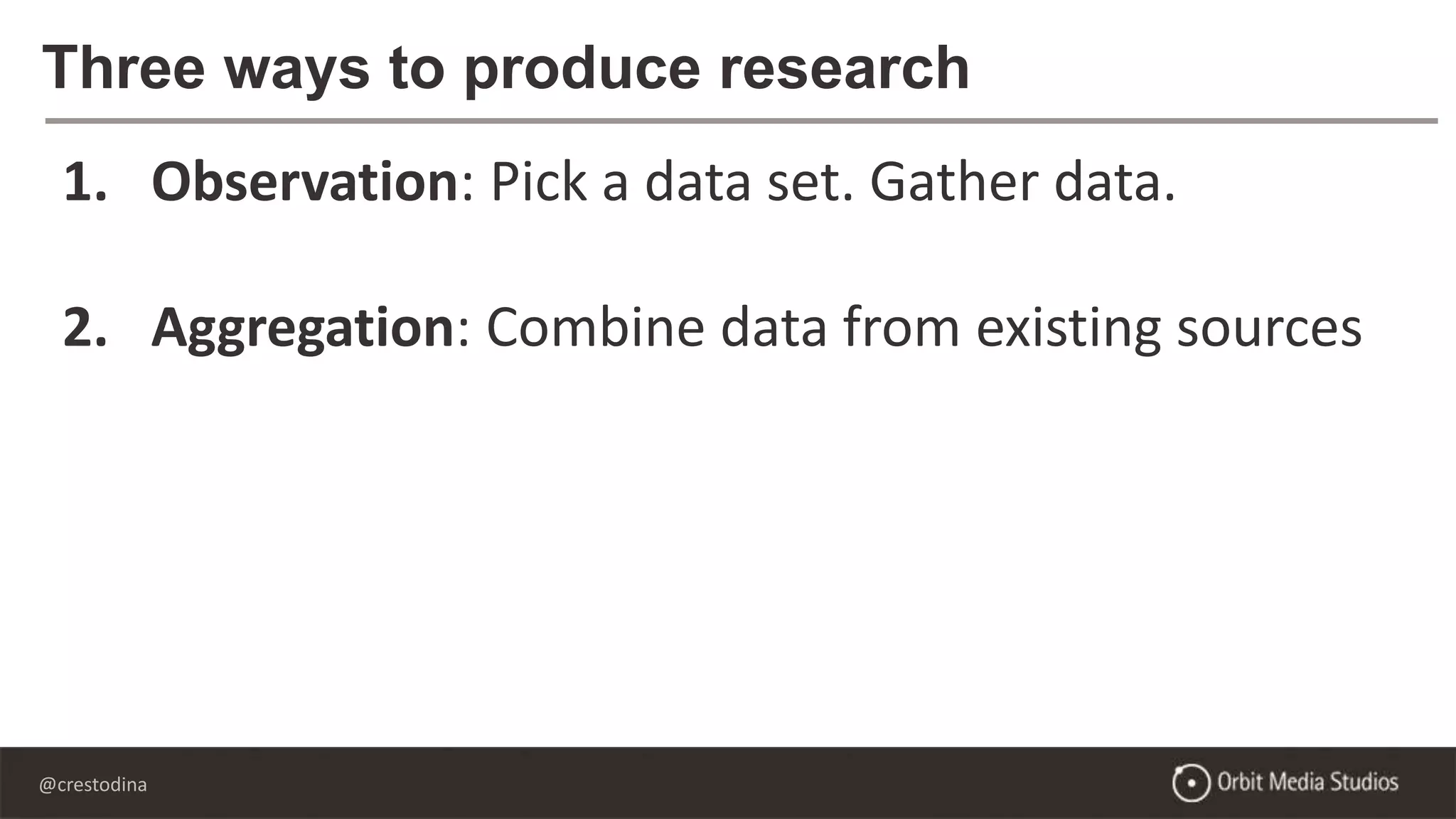 @crestodina
Three ways to produce research
1. Observation: Pick a data set. Gather data.
2. Aggregation: Combine data from existing sources
3. Survey: Mass outreach and analysis
 