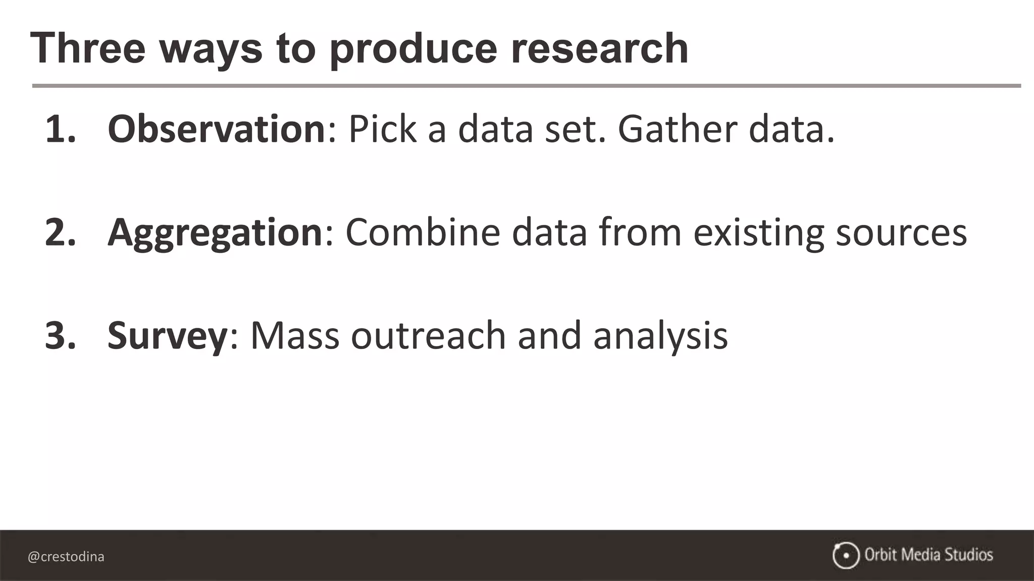 @crestodina
Three ways to produce research
1. Observation: Pick a data set. Gather data.
2. Aggregation: Combine data from existing sources
3. Survey: Mass outreach and analysis
 
