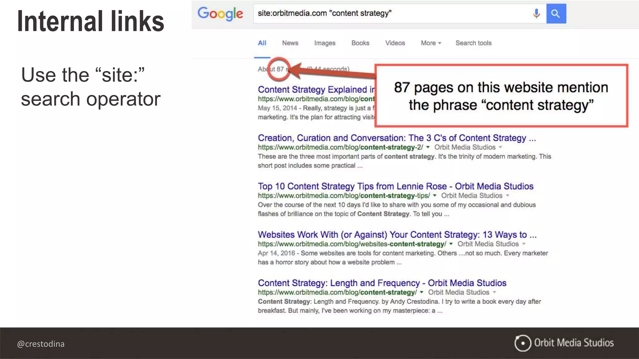 @crestodina
Internal links
Use the “site:”
search operator
 