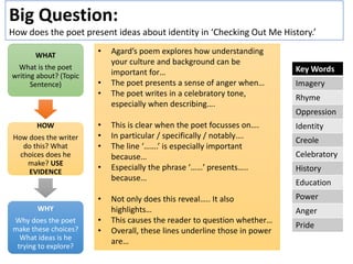 Big Question:
How does the poet present ideas about identity in ‘Checking Out Me History.’
WHAT
What is the poet
writing about? (Topic
Sentence)
HOW
How does the writer
do this? What
choices does he
make? USE
EVIDENCE
WHY
Why does the poet
make these choices?
What ideas is he
trying to explore?
• Agard’s poem explores how understanding
your culture and background can be
important for…
• The poet presents a sense of anger when…
• The poet writes in a celebratory tone,
especially when describing….
• This is clear when the poet focusses on….
• In particular / specifically / notably….
• The line ‘…….’ is especially important
because…
• Especially the phrase ‘……’ presents…..
because…
• Not only does this reveal….. It also
highlights…
• This causes the reader to question whether…
• Overall, these lines underline those in power
are…
Key Words
Imagery
Rhyme
Oppression
Identity
Creole
Celebratory
History
Education
Power
Anger
Pride
 