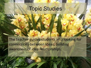 Topic Studies
The teacher guides students into looking for
connections between ideas, building
awareness of idea relationships.
 