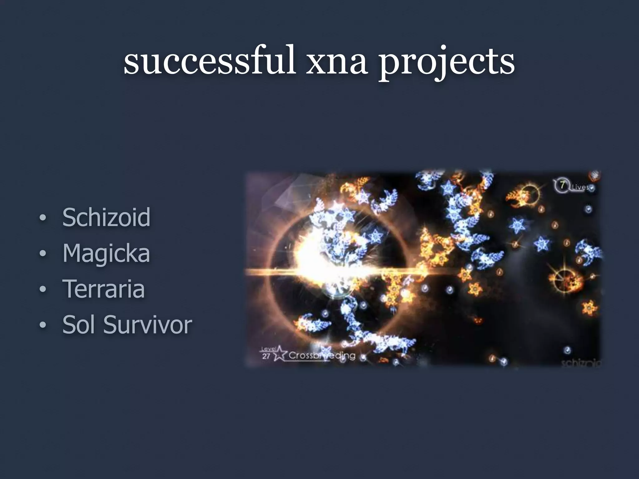 successful xna projects


•   Schizoid
•   Magicka
•   Terraria
•   Sol Survivor
 