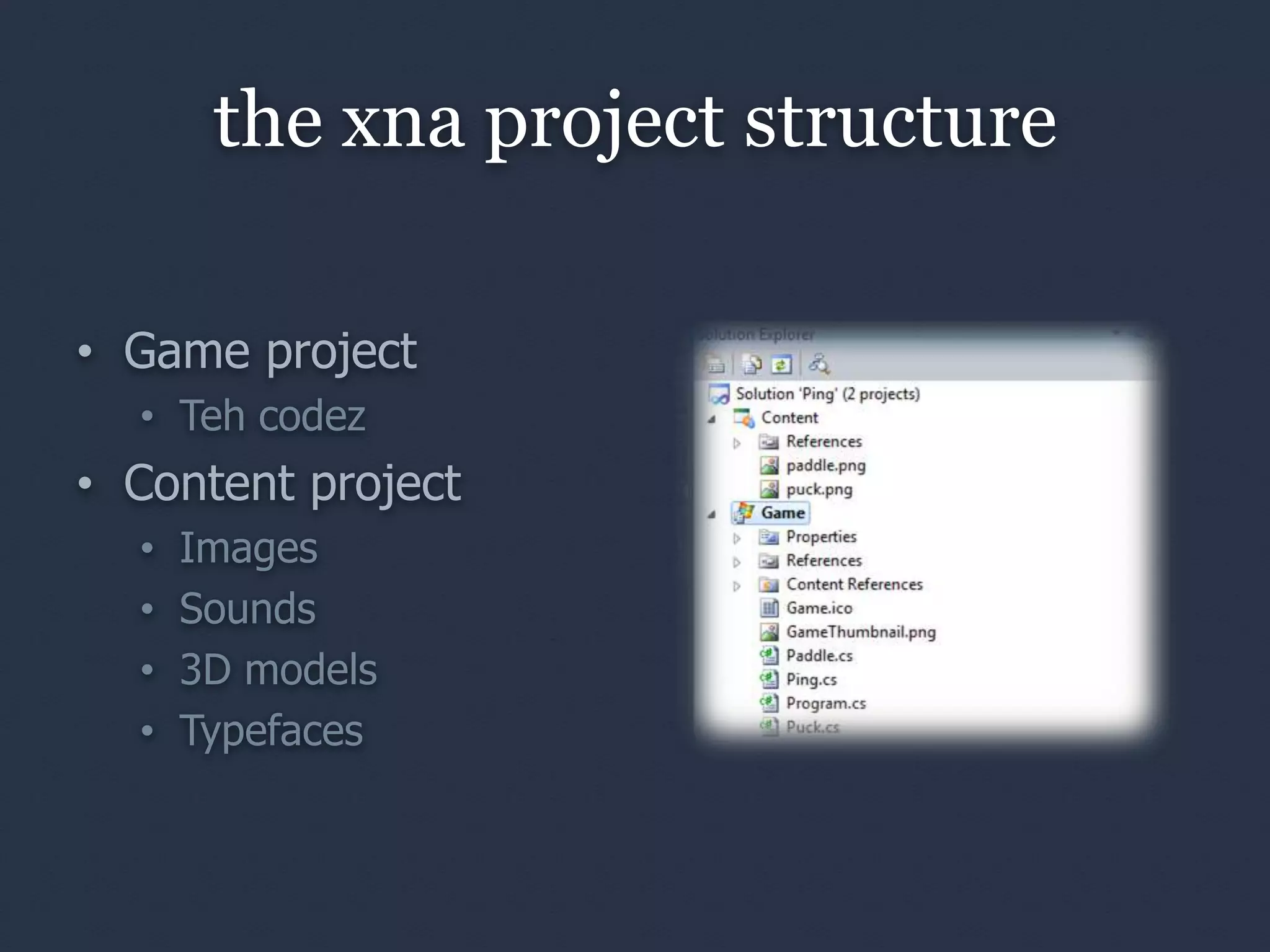the xna project structure

• Game project
  • Teh codez
• Content project
  •   Images
  •   Sounds
  •   3D models
  •   Typefaces
 