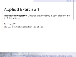 Copyright © 1995-2004 Questionmark Corporation and/or Questionmark Computing Limited, known collectively as Questionmark. All rights reserved.
Questionmark is a registered trademark of Questionmark Computing Limited. All other trademarks are acknowledged.
Slide 63
Applied Exercise 1
Instructional Objective: Describe the provisions of each article of the
U. S. Constitution.
Unacceptable
The U.S. Constitution consists of nine articles.
 