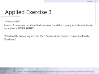 Copyright © 1995-2004 Questionmark Corporation and/or Questionmark Computing Limited, known collectively as Questionmark. All rights reserved.
Questionmark is a registered trademark of Questionmark Computing Limited. All other trademarks are acknowledged.
Slide 67
Applied Exercise 3
Unacceptable
Given: A company has identified a serious fiscal discrepancy in its books due to
an auditor’s OVERSIGHT.
Which of the following will the Vice President for Finance recommend to the
President?
 