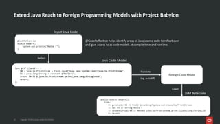 @CodeReflection helps identify areas of Java source code to reflect over
and give access to as code models at compile time and runtime.
Extend Java Reach to Foreign Programming Models with Project Babylon
12 Copyright © 2025, Oracle and/or its affiliates
func @"f" ()void -> {
%0 : java.io.PrintStream = field.load@"java.lang.System::out()java.io.PrintStream";
%1 : java.lang.String = constant @"Hello !";
invoke %0 %1 @"java.io.PrintStream::print(java.lang.String)void";
return;
};
@CodeReflection
static void f() {
System.out.println("Hello !");
}
Input Java Code
Java Code Model
public static void f();
Code:
0: getstatic #2 // Field java/lang/System.out:Ljava/io/PrintStream;
3: ldc #3 // String Hello !
5: invokevirtual #4 // Method java/io/PrintStream.print:(Ljava/lang/String;)V
8: return
JVM Bytecode
Reflect
Foreign Code Model
Translate
(eg. autodiff)
Lower
 