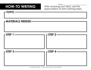 © JILLIAN STARR • TEACHING WITH JILLIAN STARR
HOW-TO WRITING
STEP 1 STEP 2
STEP 3 STEP 4
TOPIC
MATERIALS NEEDED
After choosing your topic, use the
space below to start outlining steps.
Name ___________________________________
 