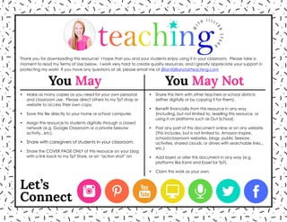 © JILLIAN STARR • TEACHING WITH JILLIAN STARR
Let’s
Connect
Thank you for downloading this resource! I hope that you and your students enjoy using it in your classroom. Please take a
moment to read my Terms of Use below. I work very hard to create quality resources, and I greatly appreciate your support in
protecting my work! If you have any questions at all, please email me at jillian@jillianstarrteaching.com
You May You May Not
• Make as many copies as you need for your own personal
and classroom use. Please direct others to my TpT shop or
website to access their own copy.
• Save this file directly to your home or school computer.
• Assign this resource to students digitally through a closed
network (e.g. Google Classroom or a private Seesaw
activity...etc).
• Share with caregivers of students in your classroom.
• Share the COVER PAGE ONLY of this resource on your blog
with a link back to my TpT Store, or an “action shot” on
• Share this item with other teachers or school districts
(either digitally or by copying it for them).
• Benefit financially from this resource in any way
(including, but not limited to, reselling this resource, or
using it on platforms such as Out School).
• Post any part of this document online or on any website.
(This includes, but is not limited to, Amazon Inspire,
school/classroom websites, blogs, public Seesaw
activities, shared clouds, or drives with searchable links...
etc.)
• Add layers or alter this document in any way (e.g.
platforms like Kami and Easel for TpT).
• Claim this work as your own.
 