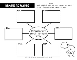 © JILLIAN STARR • TEACHING WITH JILLIAN STARR
BRAINSTORMING Brainstorm ideas for your small moment
story! Use one box for each idea.
IDEA
IDEA
IDEA
IDEA
IDEA
IDEA
Ideas for my
small moment
story
Name ___________________________________
 