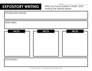 © JILLIAN STARR • TEACHING WITH JILLIAN STARR
After you have chosen a topic, start
sharing the details below.
Name ___________________________________
EXPOSITORY WRITING
Main Idea:
FACTS FACTS FACTS
Conclusion:
Introduction (Hook):
 