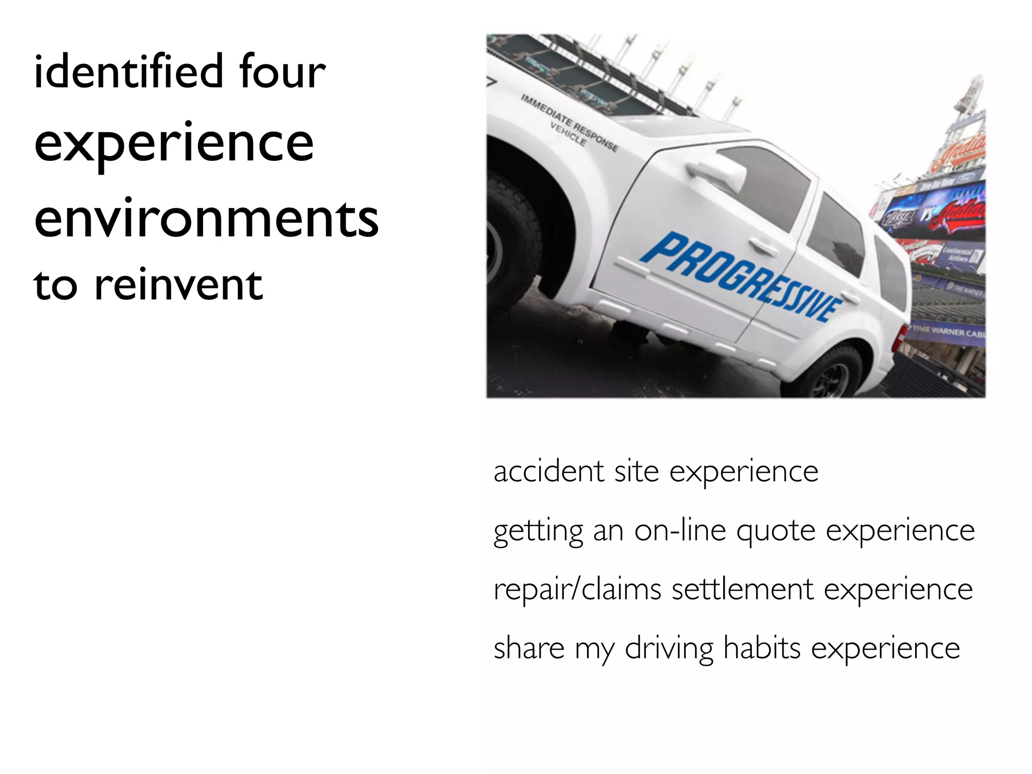 identified four
experience
environments
to reinvent
accident site experience	

repair/claims settlement experience	

share my driving habits experience	

getting an on-line quote experience	

 