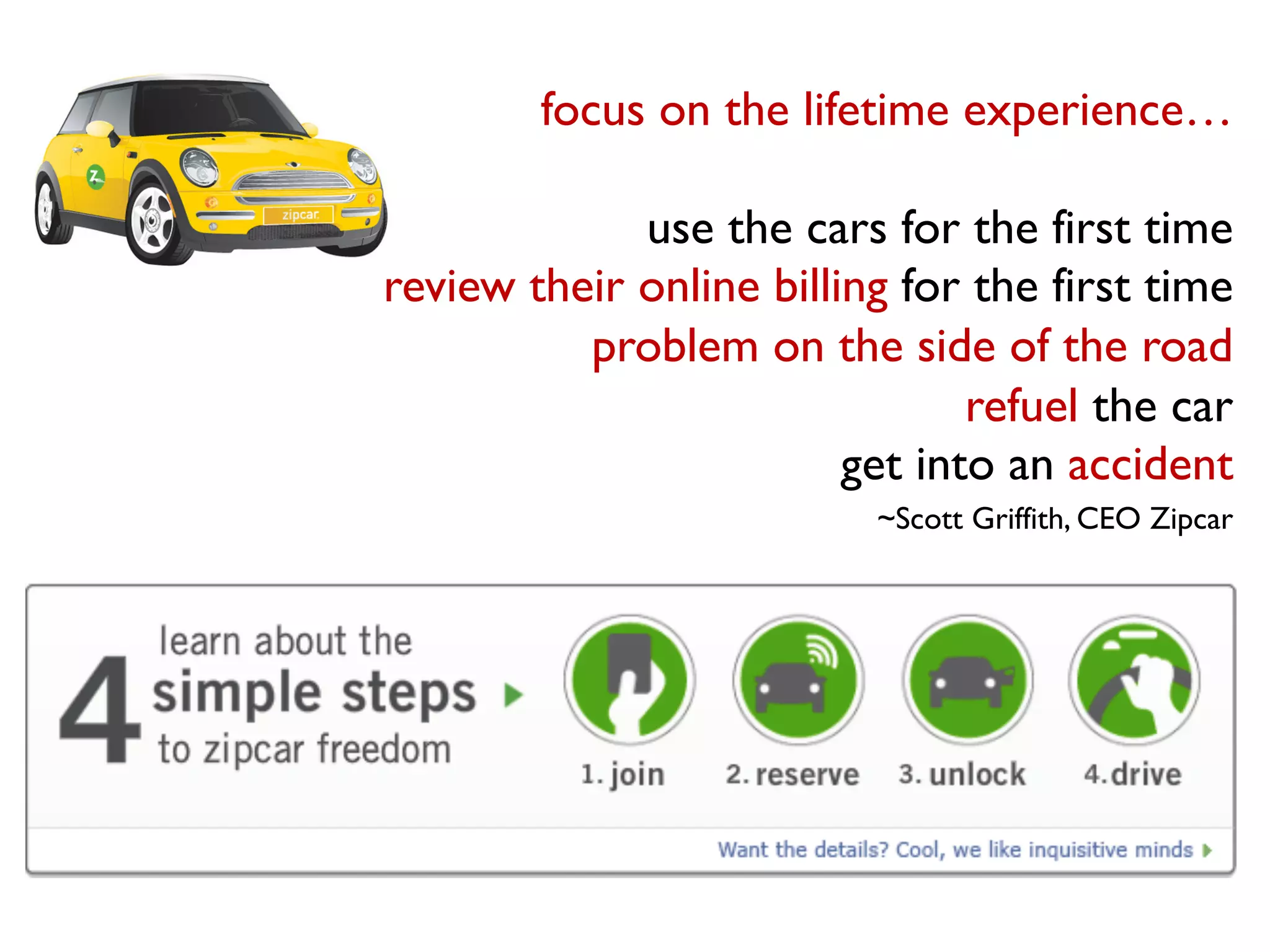 focus on the lifetime experience…
use the cars for the first time
review their online billing for the first time
problem on the side of the road
refuel the car
get into an accident
~Scott Griffith, CEO Zipcar
 