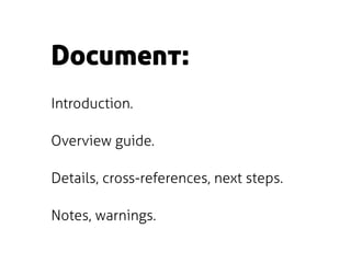 Element:
Examples.

Detailed instructions.

API documentation.

“If it didn’t work….”
 