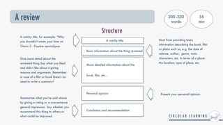 A review
Structure
A catchy title


More detailed information about the
book,
fi
lm, etc...
Personal opinion
A catchy title, for example: "Why
you shouldn't waste your time on
Titanic 2 - Zombie apocalypse
Start from providing basic
information describing the book,
fi
lm
or place such as, e.g. the date of
release, author, genre, main
characters, etc. In terms of a place:
the location, type of place, etc.
Basic information about the thing reviewed
Conclusion and recommendation
Summarize what you've said above
by giving a rating or a one-sentence
general impression. Say whether you
recommend this thing to others or
what could be improved.
Give more detail about the
reviewed thing.Say what you liked
and didn't like about it giving
reasons and arguments. Remember:
in case of a
fi
lm or book there's no
need to write a summary!
Present your personal opinion
200 -230
words
35


min
 