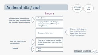An informal letter / email
Structure
Hi ...(name)


Development of the topic
Kisses,


Anna
Informal greeting and introduction:


Greet your friend warmly and show
that you have a personal connection
Give more details about the
issue. Present the situation,
suggest ideas, give advice,
solutions, examples, etc..
Invite your friend to further
correspondence
I hope you're doing well. Have you
passed your exams yet? Anyway, I'm
writing because...
Please let me know as soon as you take
the
fi
nal decision. Can't wait to hear from
you again!


Goodbye
200 -230
words
35


min
 