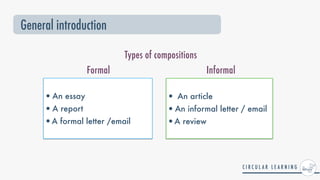 General introduction
•An essay


•A report


•A formal letter /email
• An article


•An informal letter / email


•A review
Types of compositions
Formal Informal
 