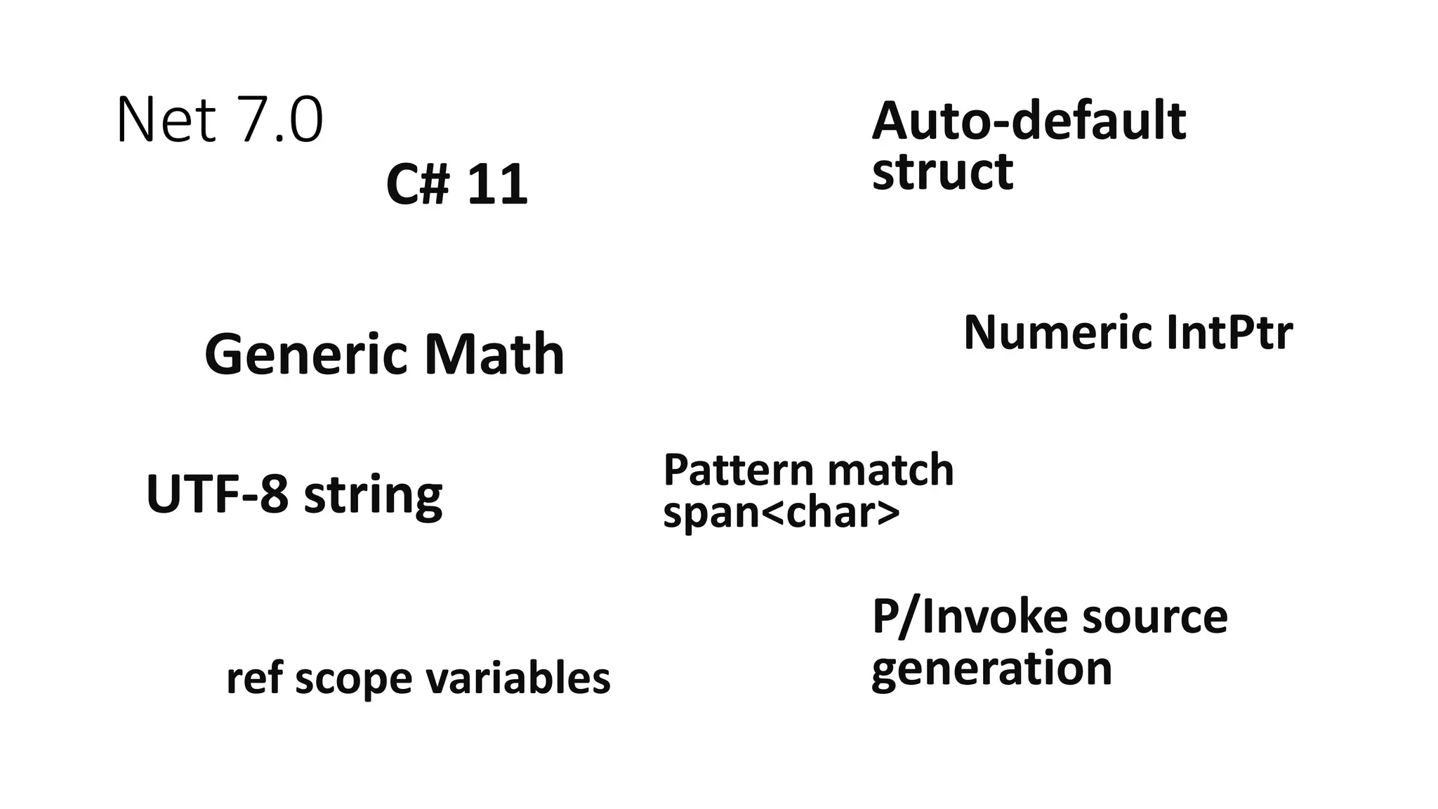 Net 7.0
Generic Math
C# 11
Auto-default
struct
Numeric IntPtr
UTF-8 string
ref scope variables
Pattern match
span<char>
P/Invoke source
generation
 