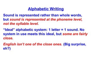 Alphabetic Writing
Sound is represented rather than whole words,
but sound is represented at the phoneme level,
not the syllable level.
“Ideal” alphabetic system: 1 letter = 1 sound. No
system in use meets this ideal, but some are fairly
close.
English isn’t one of the close ones. (Big surprise,
eh?)
 