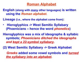 Roman Alphabet
English (along with many other languages) is written
using the Roman alphabet.
Lineage (i.e., where the alphabet come from):
• Hieroglyphics -> West Semitic Syllabary
(Phoenicians – hence the word phonetics)
Hieroglyphics was a mix of ideographs & syllabic
symbols; Phoenicians ditched the ideographs
and kept a 22-symbol syllabary.
(2) West Semitic Syllabary -> Greek Alphabet
Greeks added some vowel symbols and turned
the syllabary into an alphabet.
 