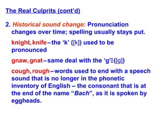 The Real Culprits (cont’d)
2. Historical sound change: Pronunciation
changes over time; spelling usually stays put.
knight,knife–the ‘k’ ([k]) used to be
pronounced
gnaw,gnat–same deal with the ‘g’([g])
cough,rough–words used to end with a speech
sound that is no longer in the phonetic
inventory of English – the consonant that is at
the end of the name “Bach”, as it is spoken by
eggheads.
 