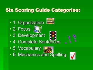 Six Scoring Guide Categories: 1. Organization 2. Focus 3. Development 4. Complete Sentences 5. Vocabulary 6. Mechanics and Spelling .  !  ? 